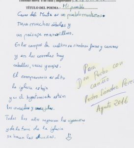 Poema que le dedica a Don Pedro el niño de Casas del Monte Sánchez Pérez.
